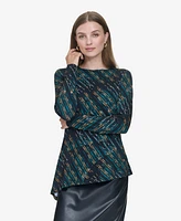 Halston Women's Printed Asymmetric-Hem Long-Sleeve Blouse