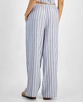 Hippie Rose Juniors' Striped Wide-Leg Drawstring Linen-Blend Pants