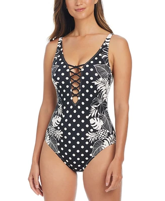 Bleu by Rod Beattie Women's Double-Trouble Polka-Dot Lace-Down One-Piece Swimsuit