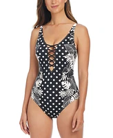 Bleu by Rod Beattie Women's Double-Trouble Polka-Dot Lace-Down One-Piece Swimsuit