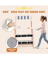 Kids Ice Cream Cart Wooden Toddler Farmers Market Stand W/ Chalkboard & Storage