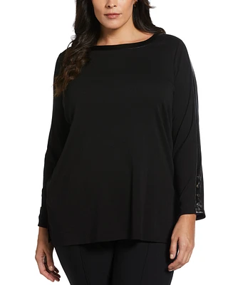 Rafaella Plus Ribbed Faux Leather Trim Long Sleeve Tunic Top