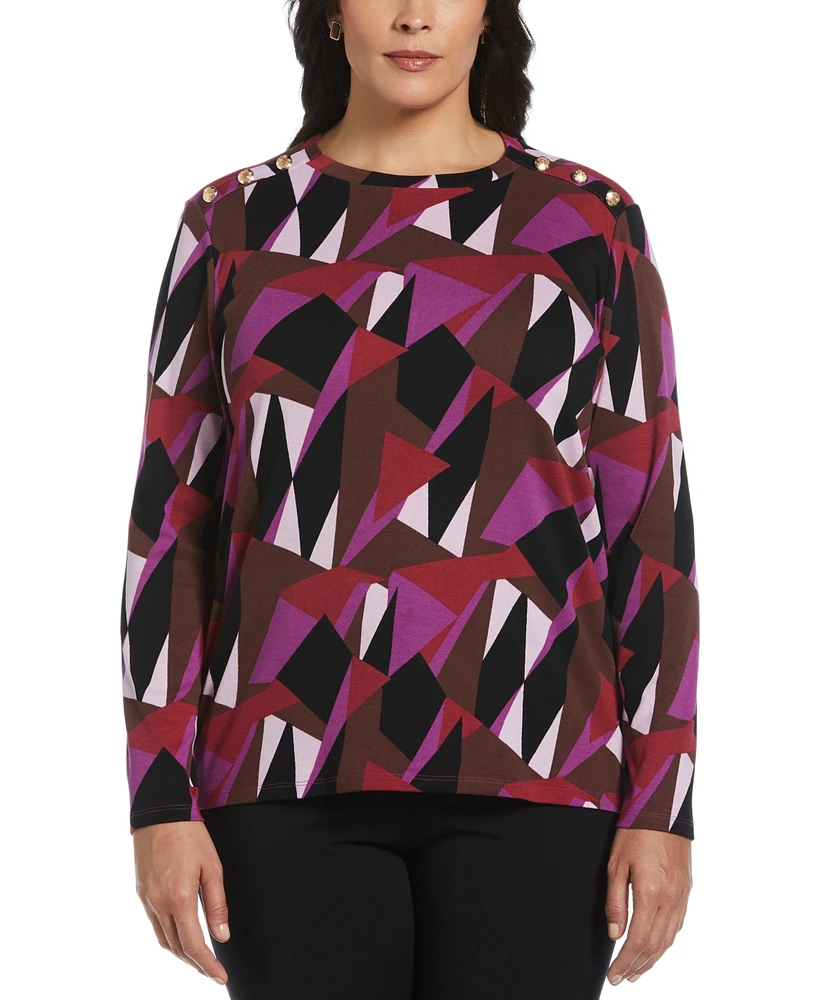 Rafaella Plus Size Geo Print Ribbed Button Detail Long Sleeve Top