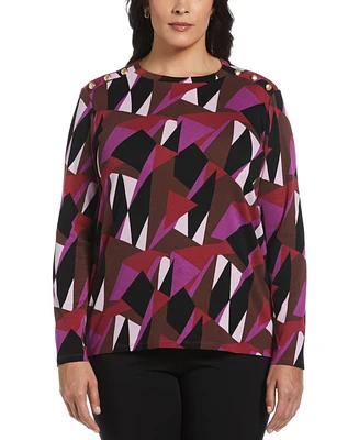 Rafaella Plus Geo Print Ribbed Button Detail Long Sleeve Top