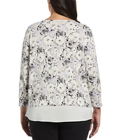 Rafaella Plus Floral Print Rivet Detail Layered 3/4 Sleeve Top