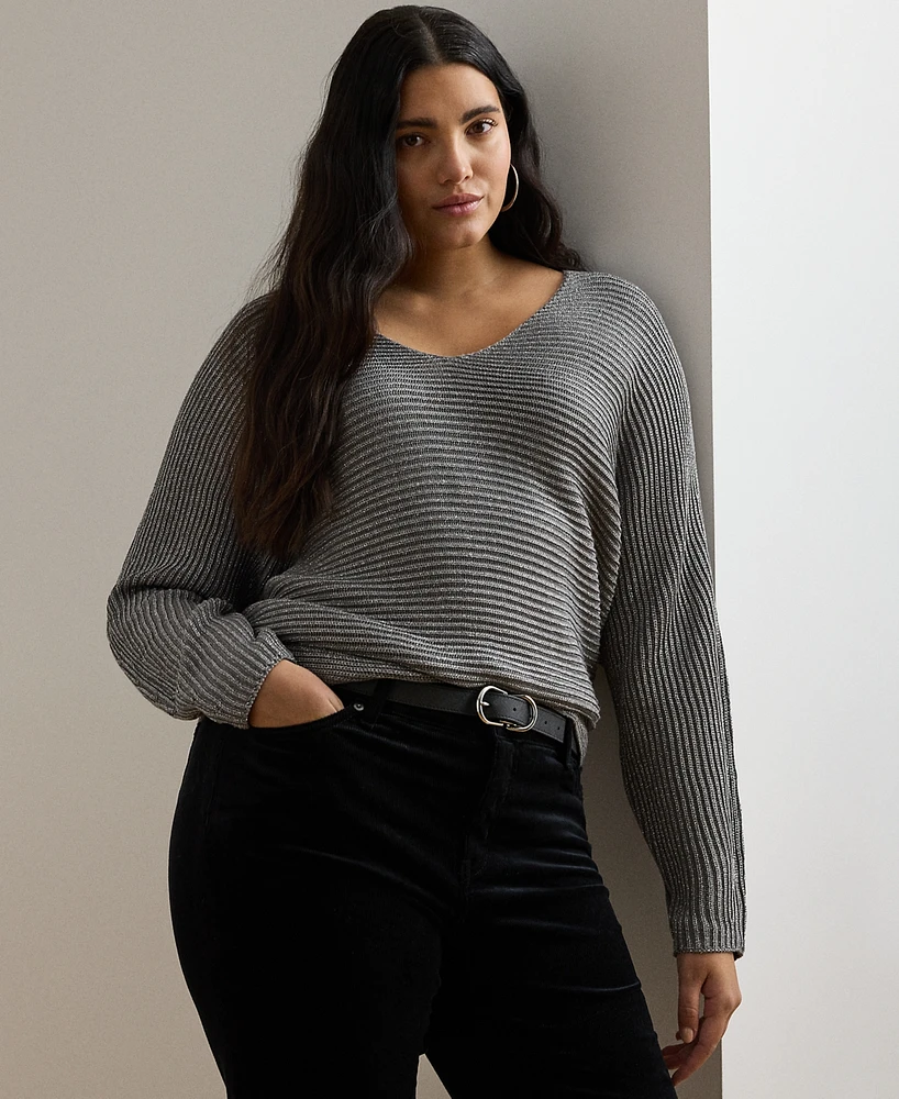 Lauren Ralph Plus Metallic Rib-Knit Dolman-Sleeve Sweater