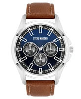 Steve Madden Men's Signature Blue and Brown Faux Leather Silver-Tone Alloy Metal Watch, 45mm