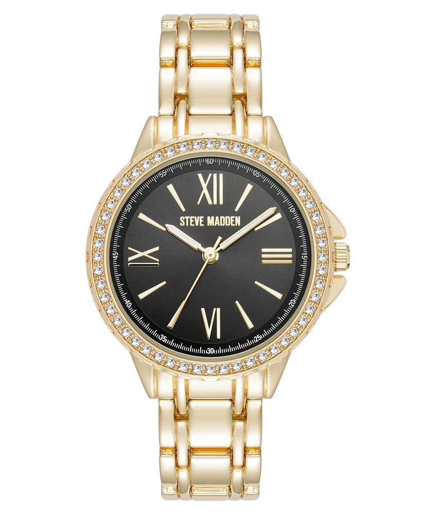 Steve Madden Women's Charming Black and Gold-Tone Alloy Metal Bracelet Watch, 38mm