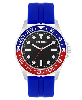 Steve Madden Men's Premium Blue Silicone and Silver-Tone Alloy Metal Watch, 44mm - Blue/Red/Silver