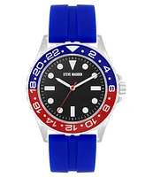 Steve Madden Men's Premium Blue Silicone and Silver-Tone Alloy Metal Watch, 44mm - Blue/Red/Silver