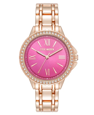 Steve Madden Women's Charming Hot Pink and Rose Gold-Tone Alloy Metal Bracelet Watch, 38mm