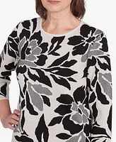 Alfred Dunner Women's Romancing the Stone Floral Jacquard Crew Neck Sweater