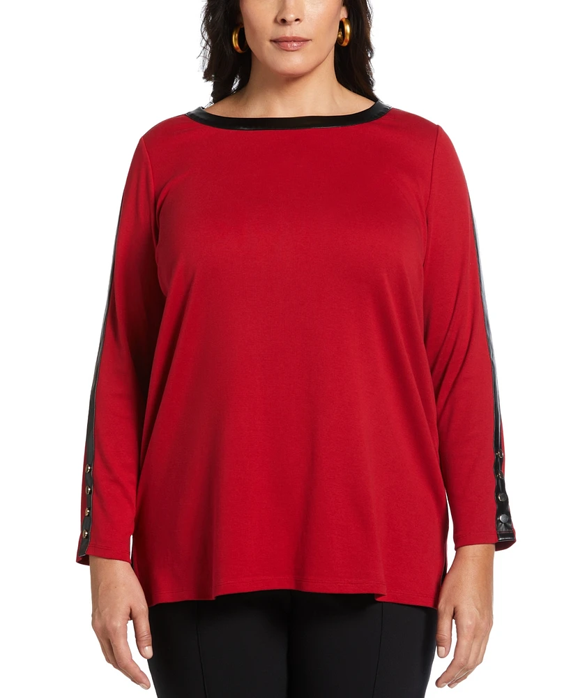 Rafaella Plus Size Ribbed Faux Leather Trim Long Sleeve Tunic Top