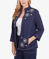 Alfred Dunner Women's Block Island Embroidered Daisy French Terry Jacket