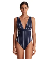 Lauren Ralph Women's Striped V-Neck One-Piece Swimsuit