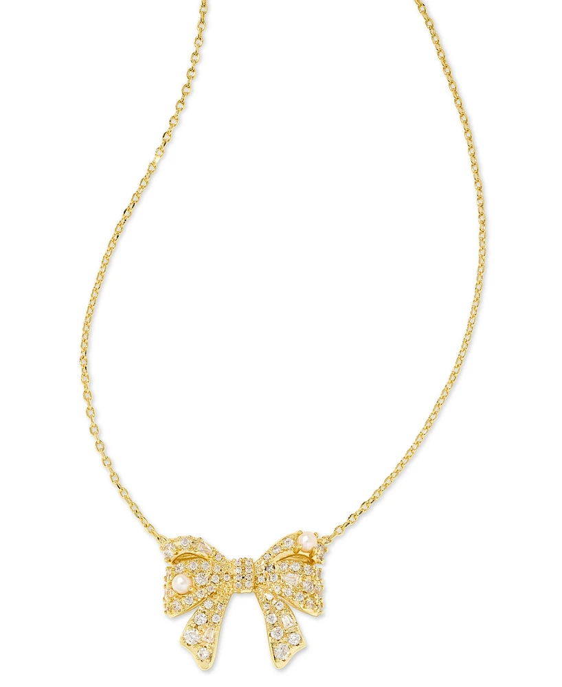 Kendra Scott Gold-Tone Cultured Freshwater Pearl (2-3/4mm) & Crystal Bow Adjustable 17" Pendant Necklace