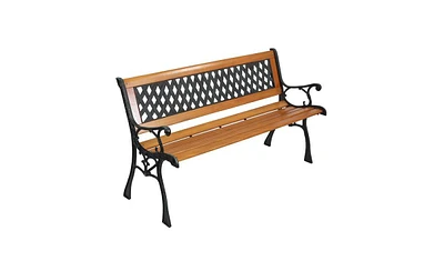 Slickblue 49" Garden Bench Love Seat with Rose Style Backrest – Hardwood and Cast Iron Patio Chair