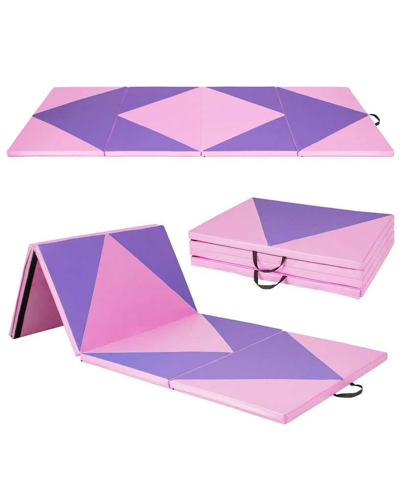 Hongge 4-Panel Pu Leather Folding Exercise Gym Mat with Hook and Loop Fasteners-Pink & Purple