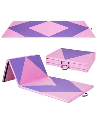 Hongge 4-Panel Pu Leather Folding Exercise Gym Mat with Hook and Loop Fasteners-Pink & Purple