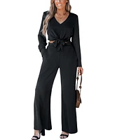 Cupshe Women's Black Long Sleeve Top & Wide Leg Pants Set