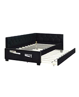 Streamdale Furniture Black Upholstered Twin Size Daybed Bed Frame (Corner Bed) With Trundle, Velvet Fabric, Studding Design, No Box Spring Required, F