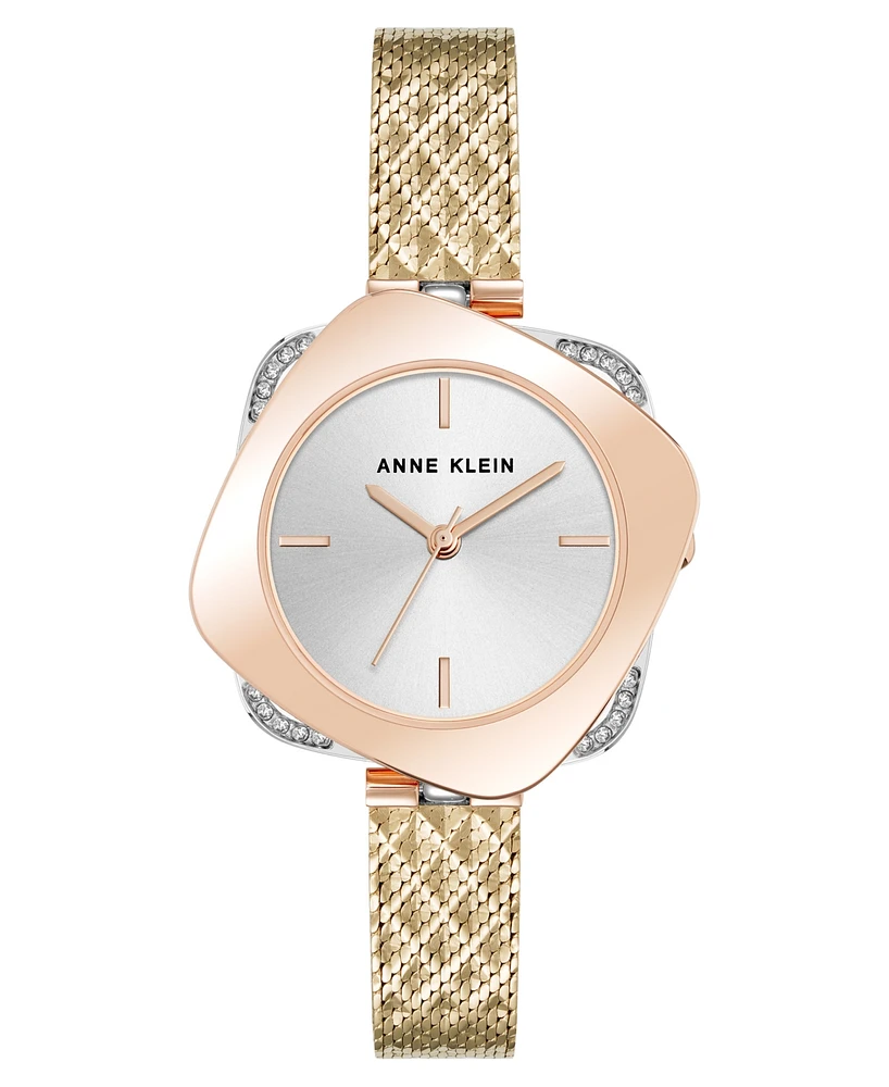 Anne Klein Women's Quartz Elegant Hidden Crystal Tri-Tone Stainless Steel Mesh Band Watch, 28mm