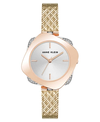 Anne Klein Women's Quartz Elegant Hidden Crystal Tri-Tone Stainless Steel Mesh Band Watch, 28mm