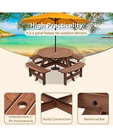 Slickblue 8-Person Outdoor Circular Wooden Picnic Table with 4 Built-In Benches for Patio, Backyard, and Garden