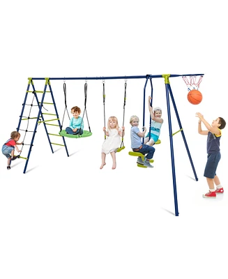 Hongge 550 Lbs 6-in-1 Patio Kids Swing Set with Climbing Net and Ladder-Green