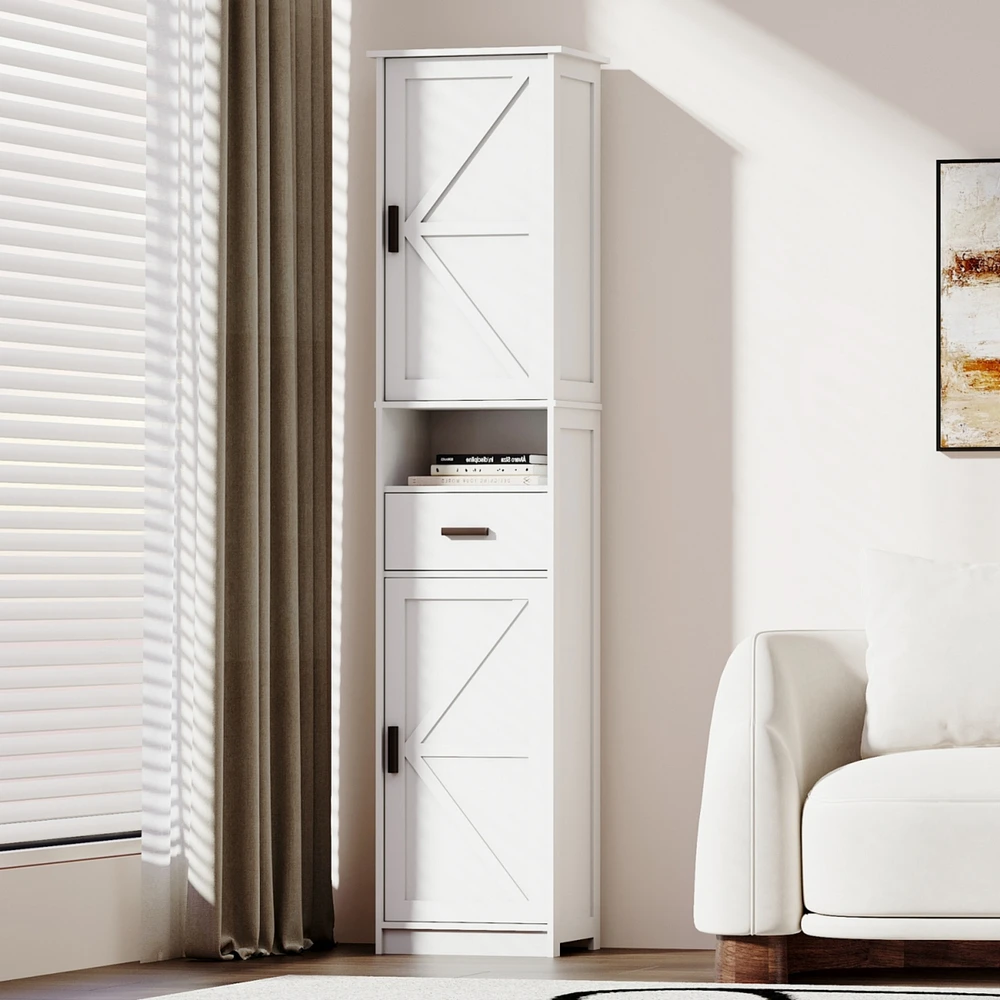 69" H Tall Bathroom Storage Cabinet with 2 Barn Doors and 1 Drawer, Narrow Storage Unit, Adjustable Shelves, Floor Cabinet for Bathroom, Living R