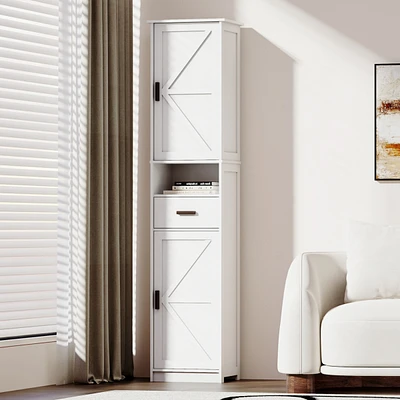 69" H Tall Bathroom Storage Cabinet with 2 Barn Doors and 1 Drawer, Narrow Storage Unit, Adjustable Shelves, Floor Cabinet for Bathroom, Living R