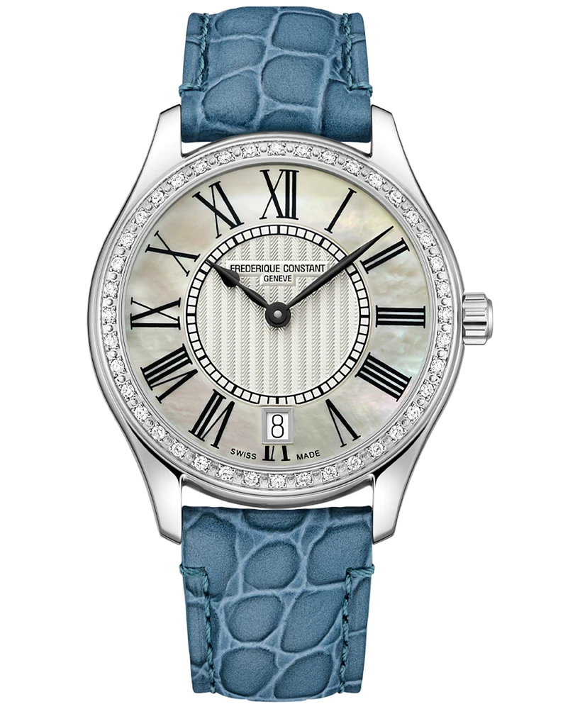 Frederique Constant Women's Swiss Classics Diamond (1/3 ct. t.w.) Teal Leather Strap Watch 36mm