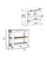 Delos Kitchen Island 36" H, Six Casters, Two Drawers, Open Storage Shelves, Towel Hanger