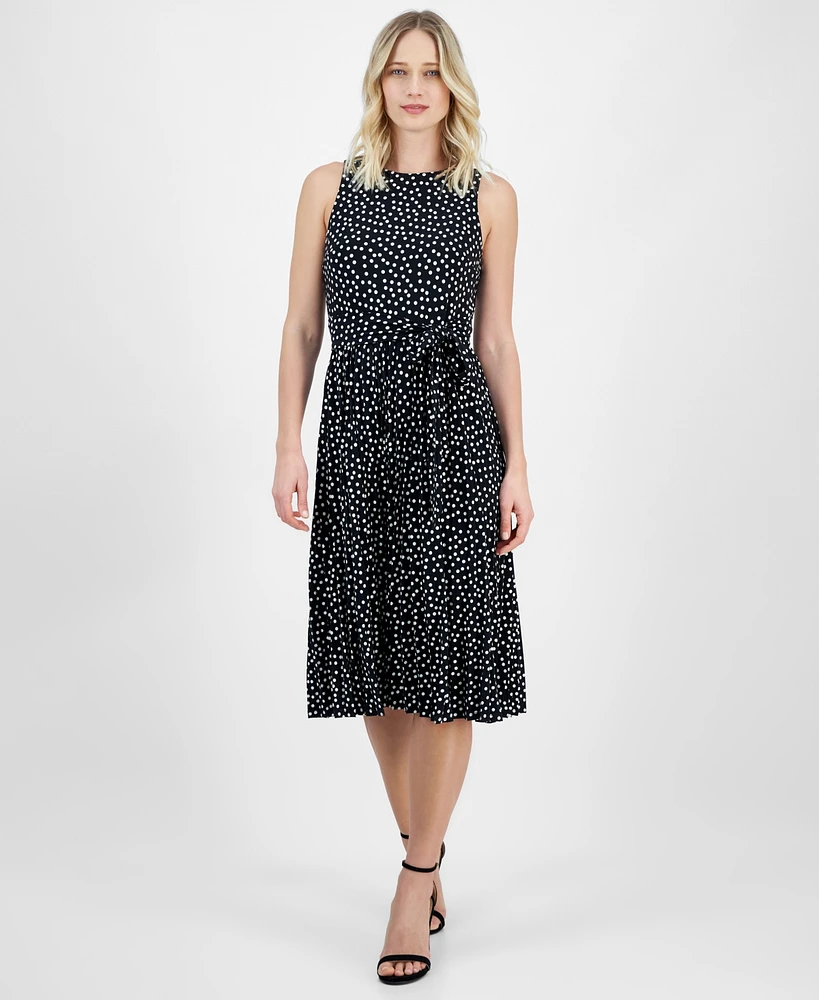 Anne Klein Women's Dot-Print Tie-Front Pleated Sleeveless Midi Dress