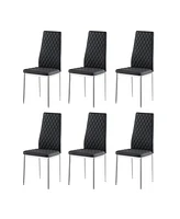 Streamdale Furniture Black modern simple style dining chair leather chrome metal pipe diamond grid pattern restaurant home conference chair set of 6