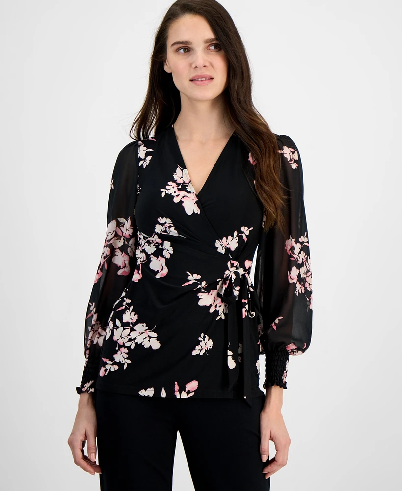 Anne Klein Women's Floral-Print Smocked Wrap Top