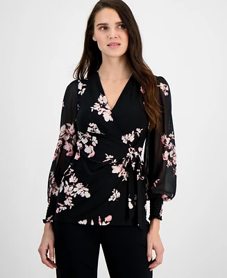 Anne Klein Women's Floral-Print Smocked Wrap Top