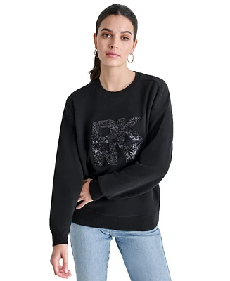 Dkny Jeans Women's Sequin Applique Satin Stitch Stack Logo Cotton Sweatshirt