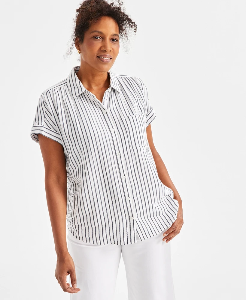 Style & Co Women's Cotton Striped Short-Sleeve Button Camp Shirt, Created for Macy's