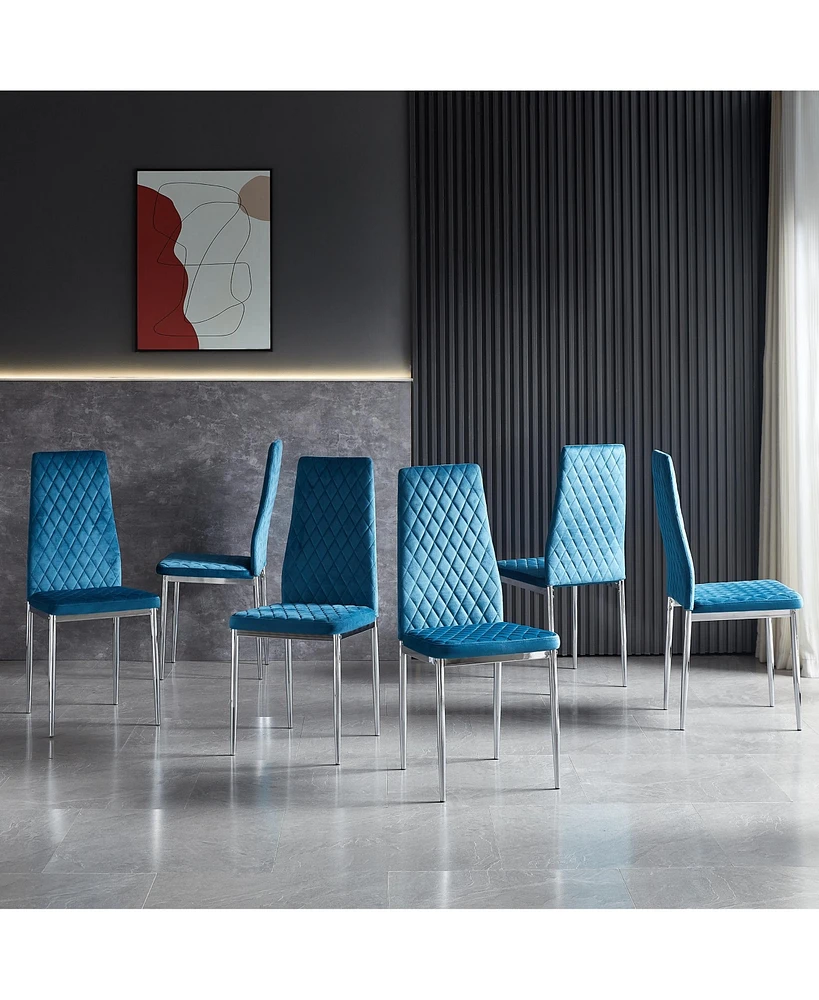 Streamdale Furniture Light blue modern simple style dining chair fabric chrome metal pipe diamond grid pattern restaurant home conference chair set of