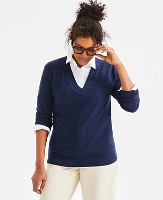 Style & Co Petite Wide V-Neck Long-Sleeve Sweater, Exclusively at Macy's