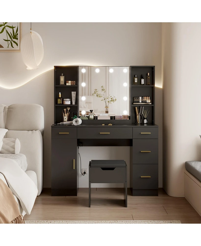 gaomon Led Lighted Vanity Desk With Mirror - Makeup Vanity With Adjustable Brightness, Metal Drawers, And Open Shelves