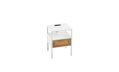 Slickblue Rattan End Table with Power Outlet & Usb Ports, Modern Nightstand with Drawer and Metal Legs