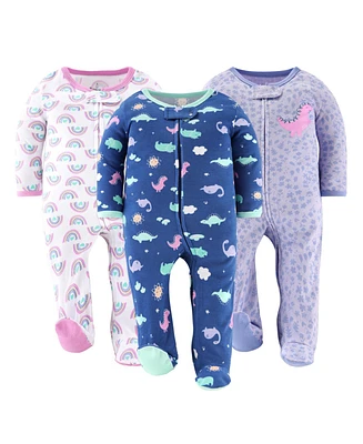 The Peanutshell Baby Girls Dino Footed Sleepers for Girls, 3 Pack