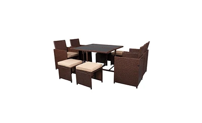 Slickblue 9-Piece Wood Grain Pe Wicker Rattan Dining Set with Tempered Glass Table Stylish Patio Furniture