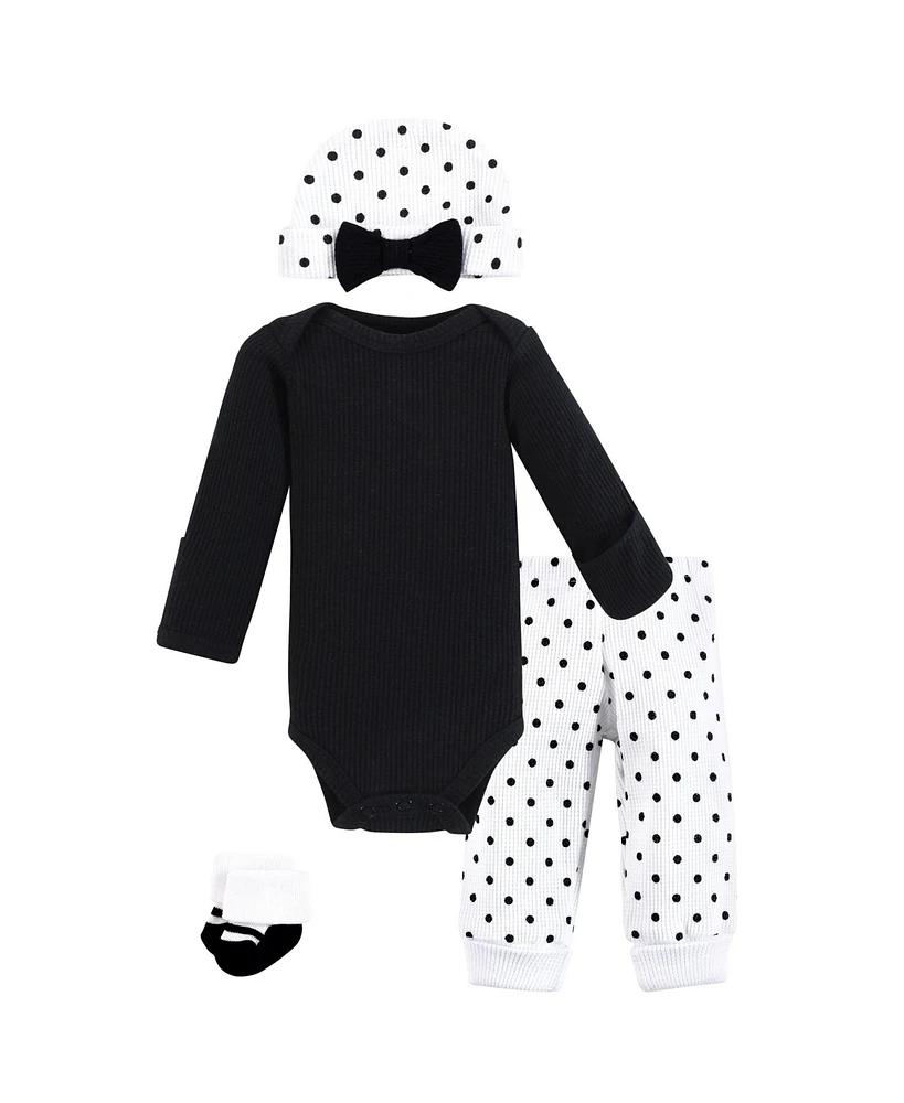 Hudson Baby Baby Girls Thermal Preemie Layette Set 4pc Long Sleeve Outfit, Black White Dots, Preemie