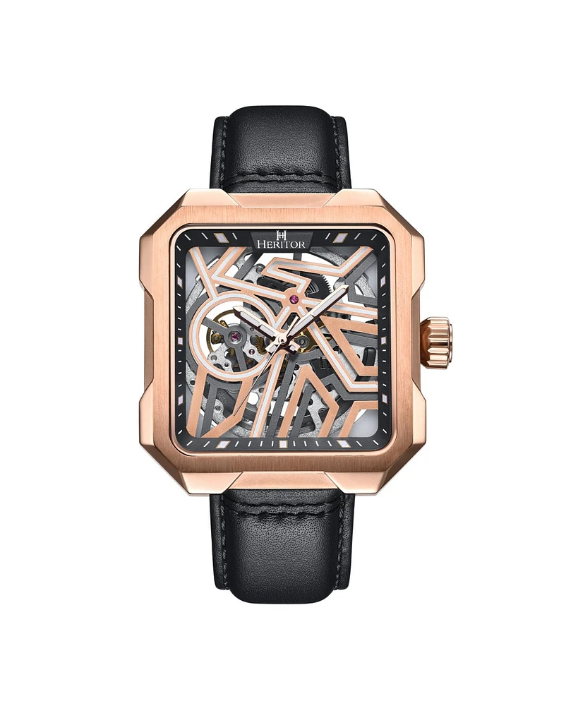 Heritor Automatic Campbell Leather-Band Skeleton Watch - Rose Gold/Black