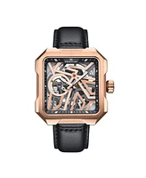 Heritor Automatic Campbell Leather-Band Skeleton Watch - Rose Gold/Black