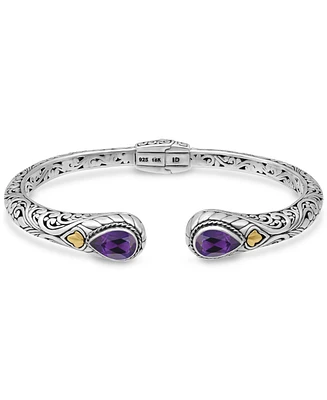 Devata Amethyst & Bali Cuff Bracelet in Sterling Silver and 18K Gold Accents, Small