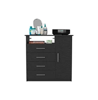 Depot E-Shop Rioja 4 Drawer Dresser, One Open Shelf, Superior Top, Single Door Cabinet, Black